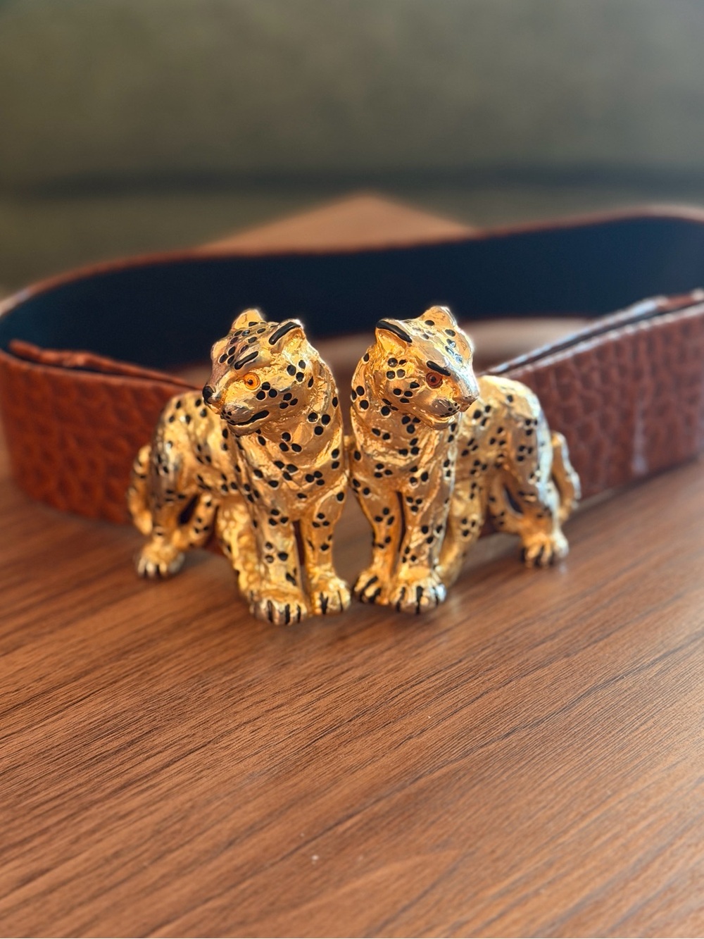 Vintage Mimi Di N Brown Adjustable belt W/ Gold Tone Leopard Buckle Statement